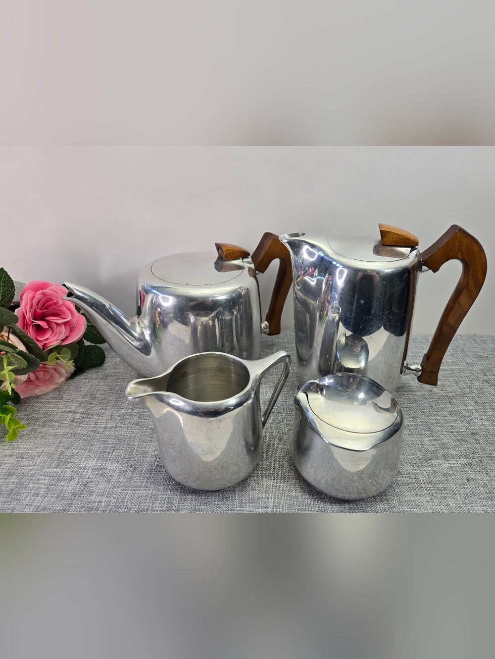 VTG Newmade Picquot‎ Magnalium 4pc Set Teapot Creamer Sugar Coffee Pot England